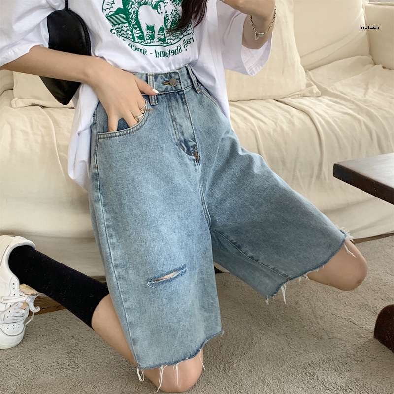 Quần Short Denim Dáng Chữ A Ống Rộng Lưng Cao Phối Rách Kiểu Hồng Kông Cỡ Lớn 2022 Thời Trang Cho Nữ