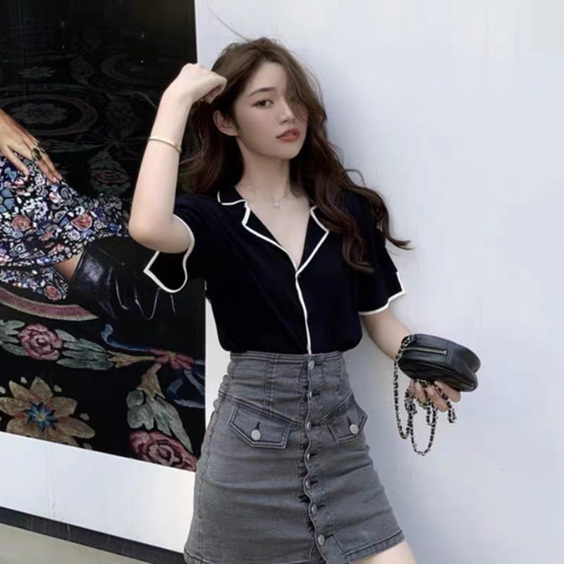 Áo Thun Dệt Kim Tay Ngắn Cổ Chữ v Phong Cách Hàn Quốc Cho Áo phông Nữ NZ-TX-261