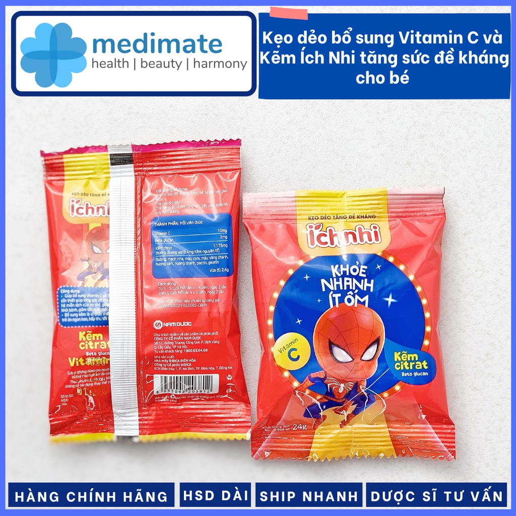 Kẹo dẻo Ích Nhi bổ sung Vitamin C và Kẽm cho bé, giúp tăng sức đề kháng, tăng cường miễn dịch (gói 24g)