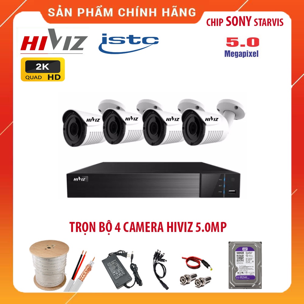 Bộ Kit Camera Hiviz CVI/TVI/AHD 2.0Mp Full HD - Trọn Bộ Camera AHD 4 Kênh + Ổ Cứng Lưu Trữ 500GB