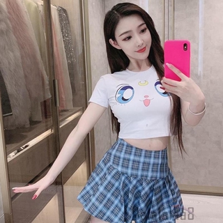 Áo Croptop Tay Ngắn Cổ Tròn In Hình Mèo Hoạt Hình Dễ Thương Thời Trang