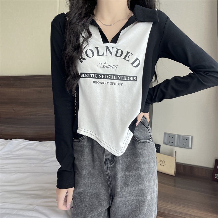 Jiashucheng Áo Thun polo Tay Dài Hở Vai Ôm Dáng Màu Sắc Tương Phản Thời Trang Thu Đông Cá Tính Cho Nữ Ir