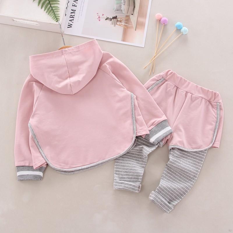 Bộ áo nỉ hoodie + quần dài kẻ sọc cho bé gái