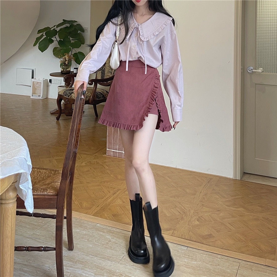 Chân Váy Chữ A Lưng Cao Phối Bèo Thời Trang Mùa Xuân 2022 Mới Cho Nữ