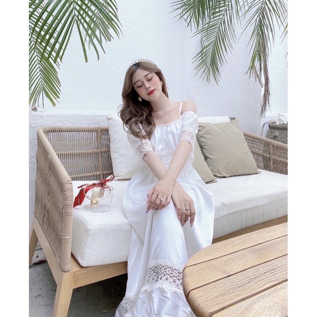 Đầm maxi trắng 2 dây đi biển thiết kế dáng dài trễ vai phối ren quyến rũ thời trang XUKA-DRESS MT101 chất lụa cao cấp | BigBuy360 - bigbuy360.vn