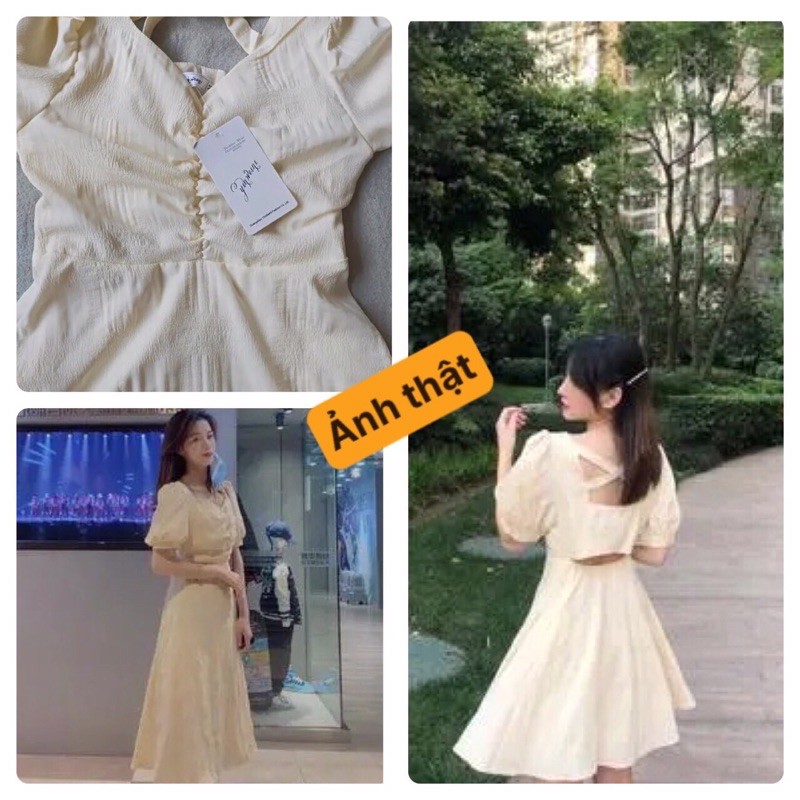 Đầm maxi dài màu be váy ngắn xoè cổ tim chất vải mềm mại hai lớp nhẹ nhàng eooshop