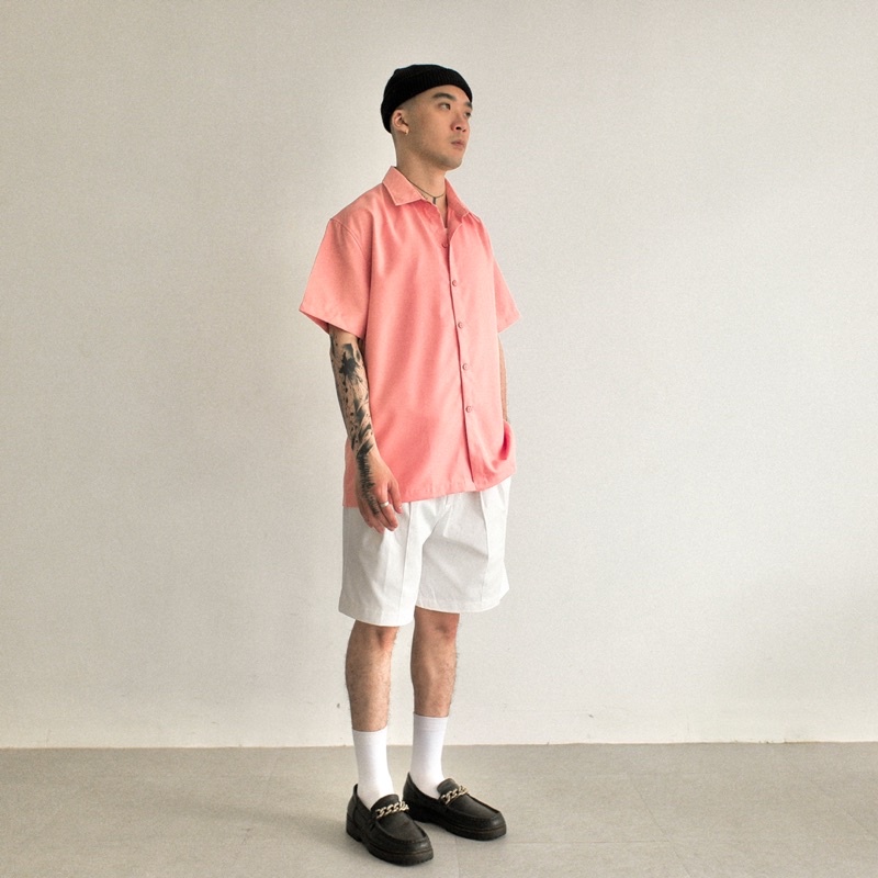 Áo Sơ Mi Ngắn Tay Đơn Giản Nam FVNXY Phom Rộng Ít Nhăn Màu Dâu Nam Tính