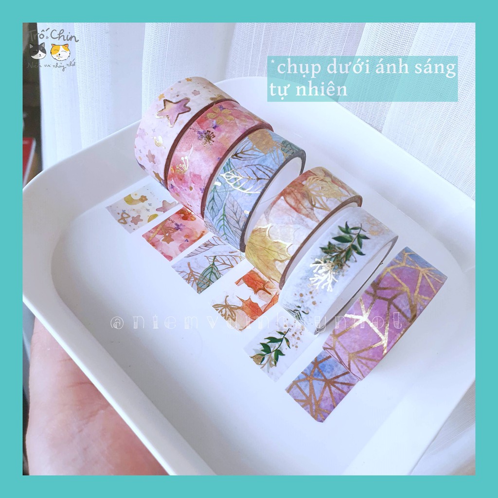 [HÀNG CÓ SẴN] Washi tape Băng keo Băng dính trang trí nhũ ánh kim nhiều họa tiết Trăng Sao Hoa Lá (1.5cm*5m)