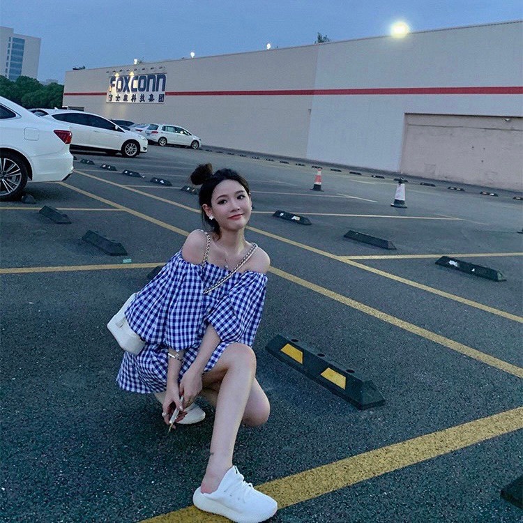 Váy sơ mi babydoll kẻ trễ vai tay bồng dáng chữ A1201N Nhung Nhớ