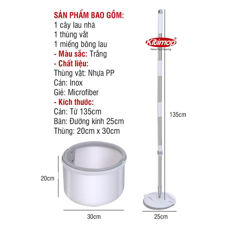 Bộ lau nhà thông minh Kitimop-K8 thùng vắt xoay tròn nhựa PP, Cán inox dài 134cm, miếng lau 25cm Microfiber