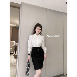 Áo sơ mi cổ ren đính đá cao cấp