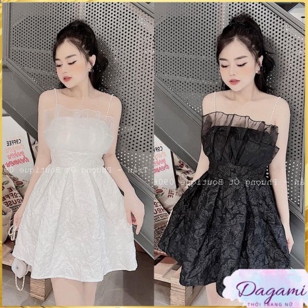 Váy ngắn chữ A 2 dây Dagami đính ngọc chất xốp chun lưng ly eo ôm dáng có đệm ngực sang chảnh
