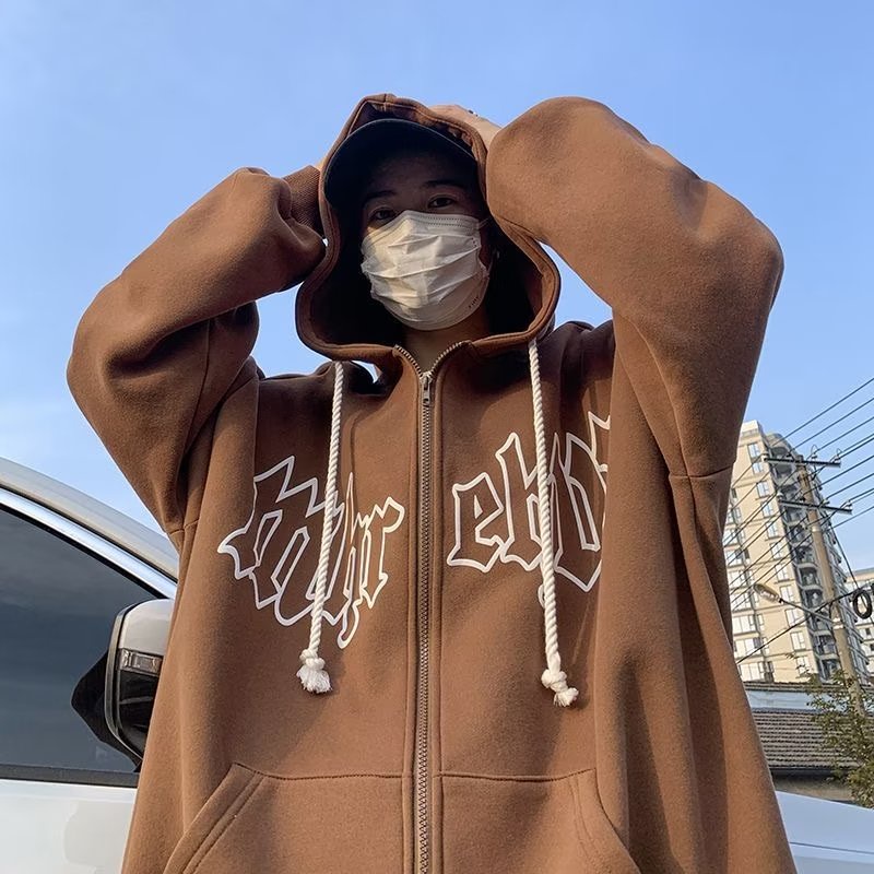 【Ba màu】vintage zip Kaki áo hoodie nam nữ harajuku Nâu áo hoodie form rộng áo khoác nam dây kéo Hiphop áo hoodie nữ