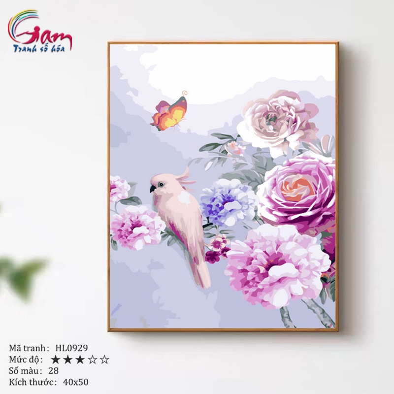 Tranh tô màu theo số chim và hoa mẫu đơn có sẵn đã căng khung 40x50cm HL0929