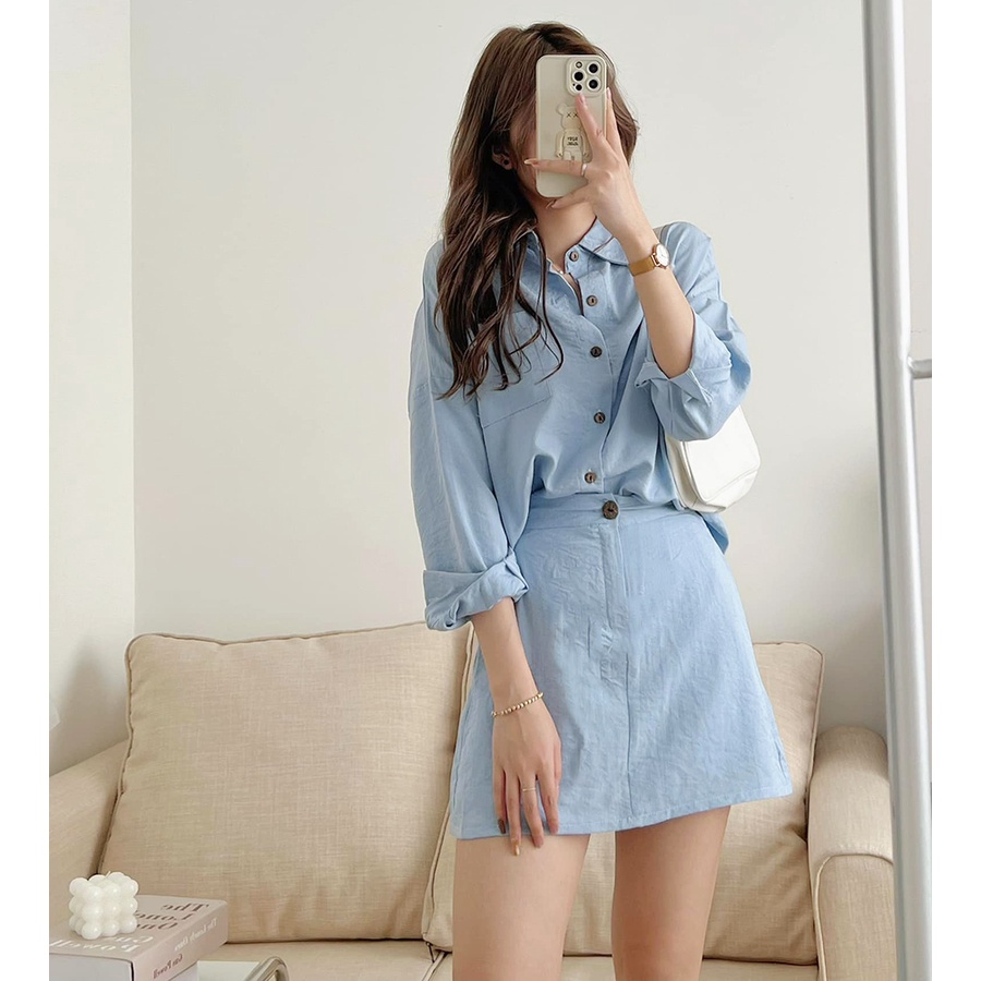 Set đồ nữ áo sơ mi dài tay kèm chân váy chữ A ulzzang Korea style , Bộ quần áo nữ đi du lịch biển