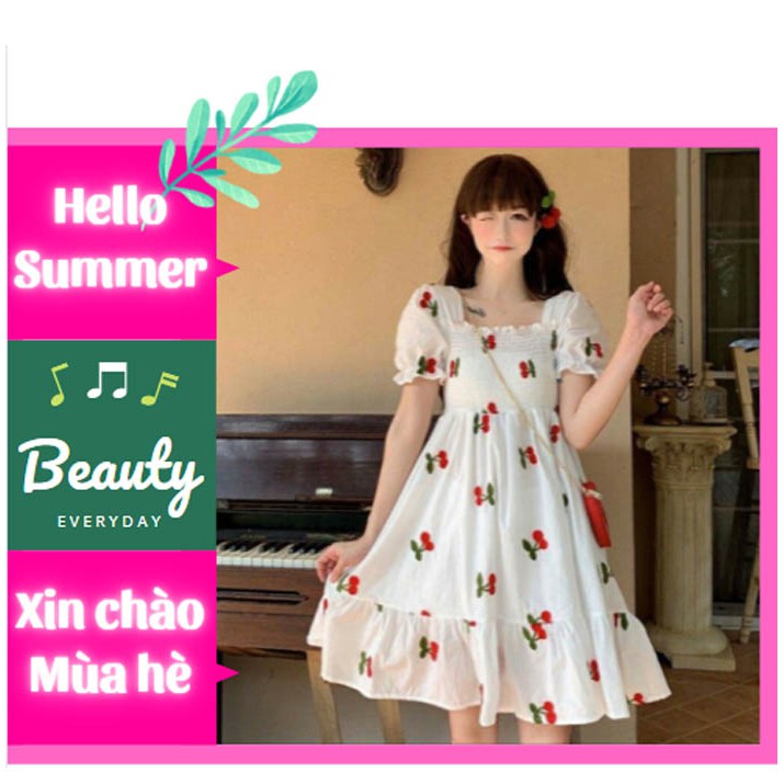 [SALE HÈ 2021] Đầm đẹp Thời Trang kiểu dáng Baby doll, Váy Xòe họa tiết quả cherry xinh xắn, Đầm xòe chữ A tay ngắn