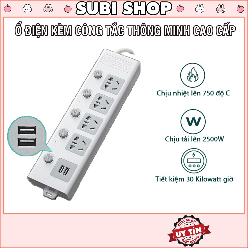 Ổ cắm điện đa năng thông minh 2 cổng USB 5v sạc nhanh, chịu tải 2500W, tiết kiệm 30 kilowatt H dây nối 2,5m