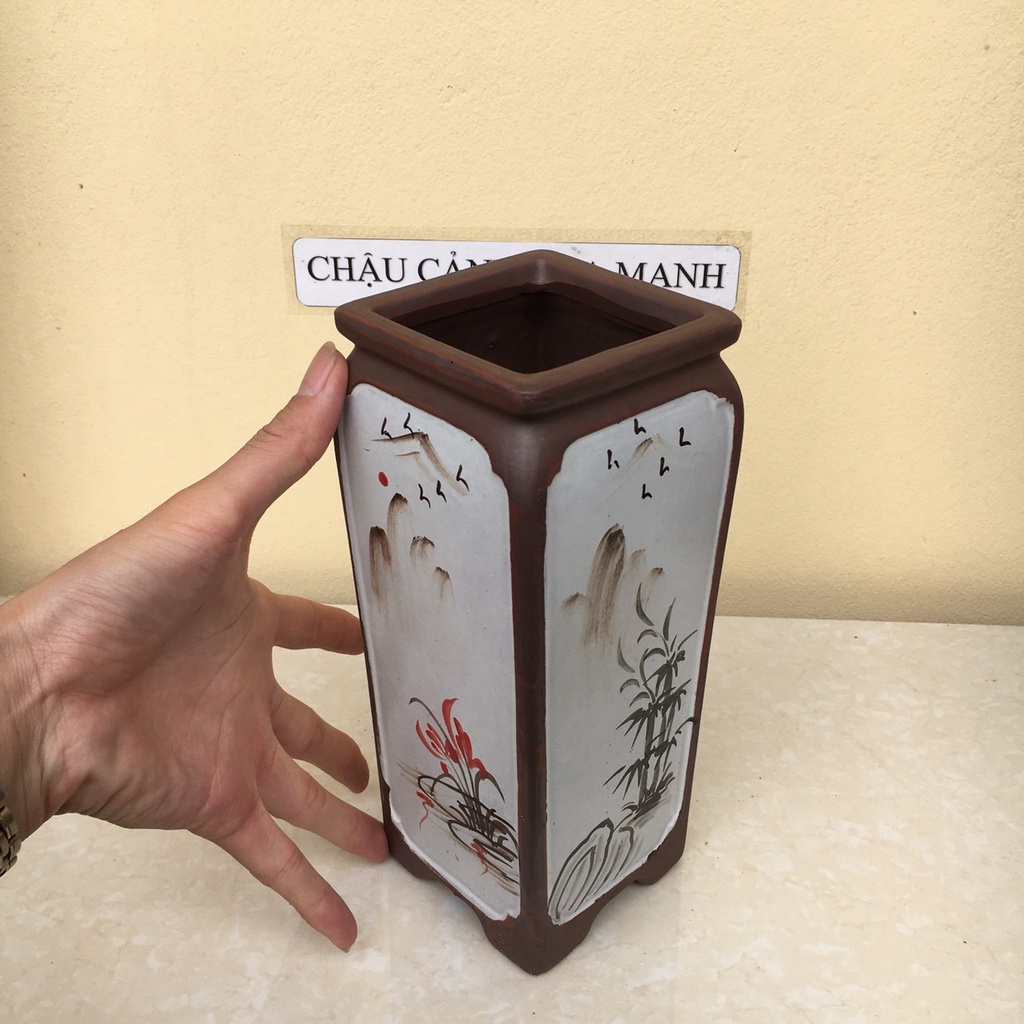Chậu Vuông đứng bonsai sen đá mini đất nung Vẽ tứ cảnh gốm Bát tràng 1 size SP471
