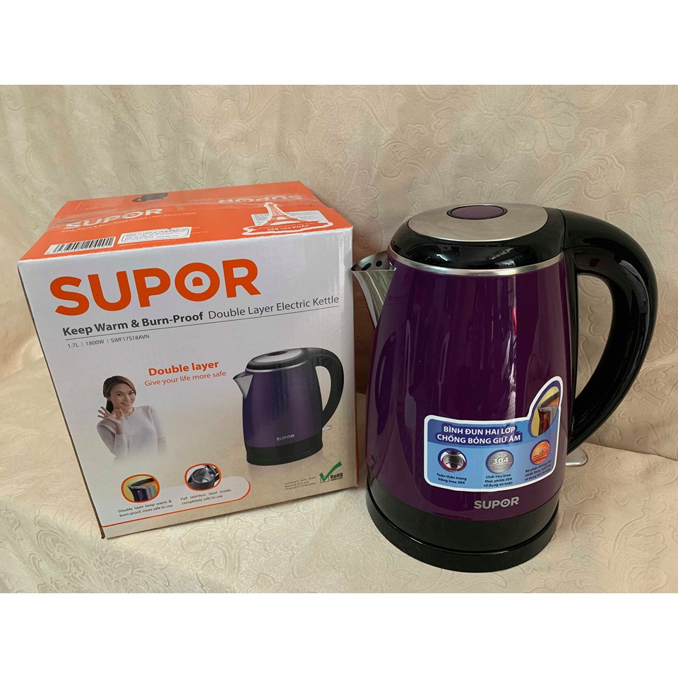 Bình đun siêu tốc Inox 304 hai lớp chống bỏng Supor SWF17S18AVN (Tím)