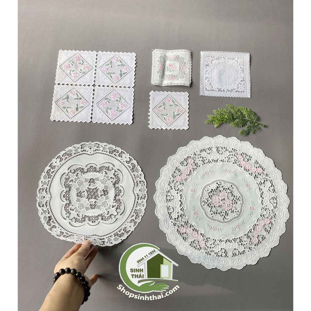 Tấm lót lọ bình hoa hình TRÒN TRẮNG - lót bình trà, lót ly, lót trang trí chén dĩa, bằng nhựa, ren hoa
