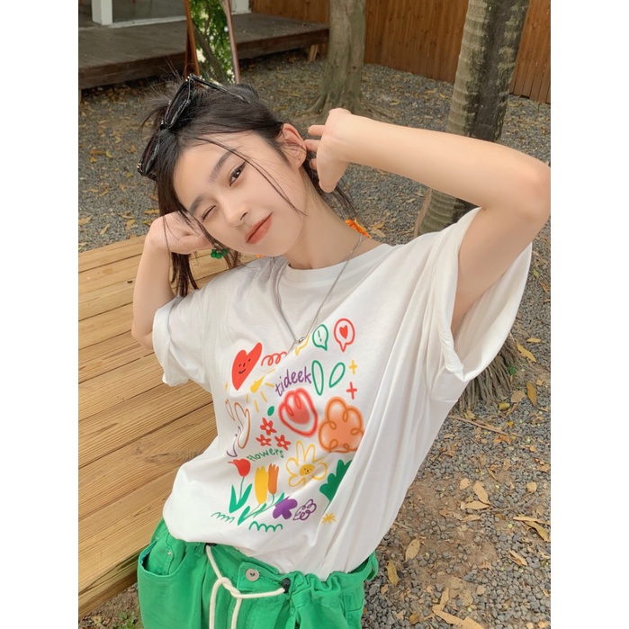 Áo Thun Ngắn Tay Cổ Tròn In Họa Tiết Hoạt Hình graffiti Phong Cách Hàn Quốc Dễ Phối Đồ Thời Trang Mùa Hè Cho Nữ