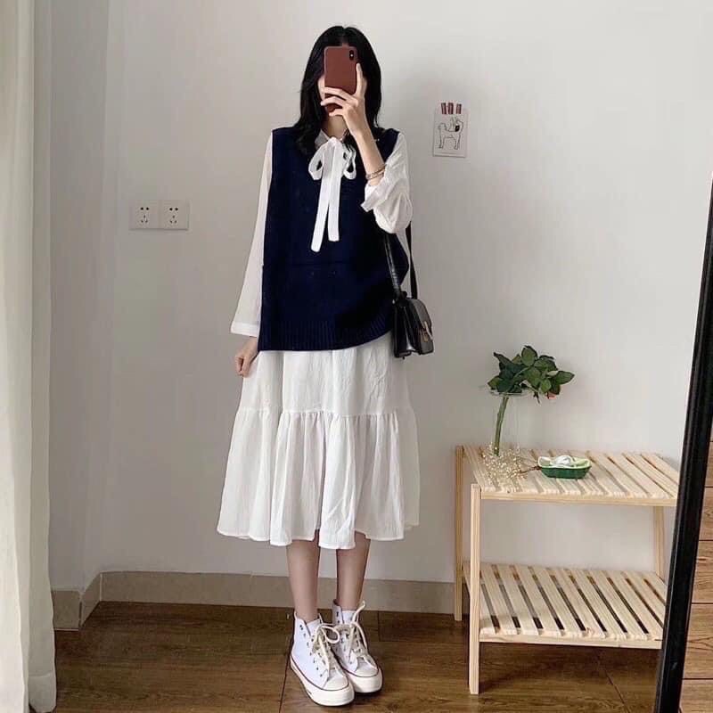 [Loại1SALE-Freeship] Váy trắng cổ nơ có lót trong❤dáng vintage trắng dáng dài❤phong cách babydoll Hàn Quốc | BigBuy360 - bigbuy360.vn