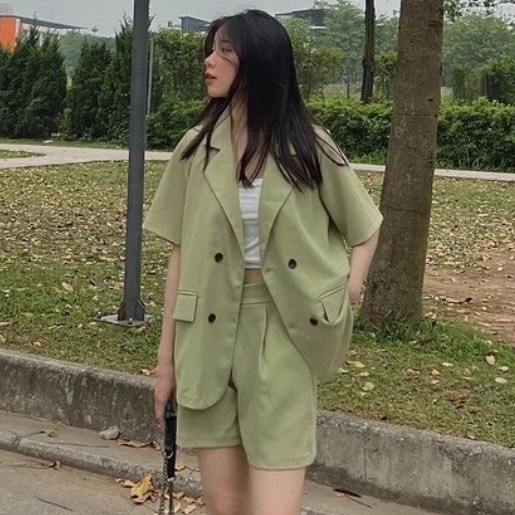 Set vest 2 món áo khoác blazer kèm quần short kaki, áo khoác 4 cúc cá tính - Tuệ Nhiên - Fashion