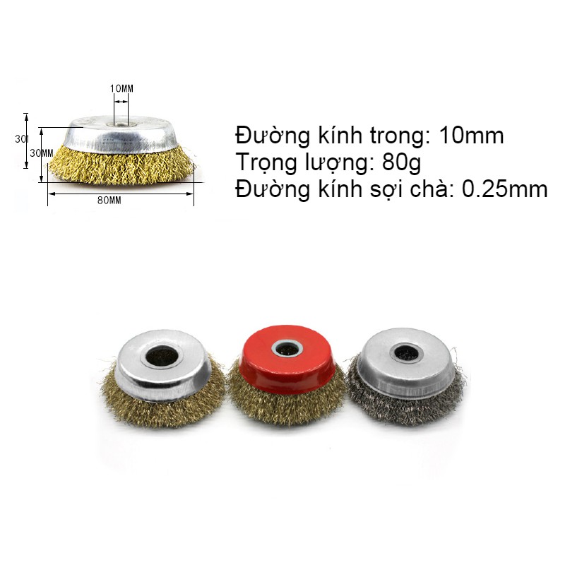 Chổi đánh rỉ sét, chén cước kẽm vàng dùng cho máy cầm tay loại 10mm