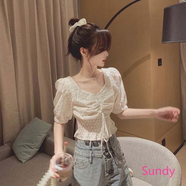 Áo Croptop Tay Phồng Cổ Chữ V Thời Trang Mùa Hè Cho Nữ