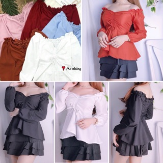 Áo kiểu trễ vai peplum thắt eo tay dài