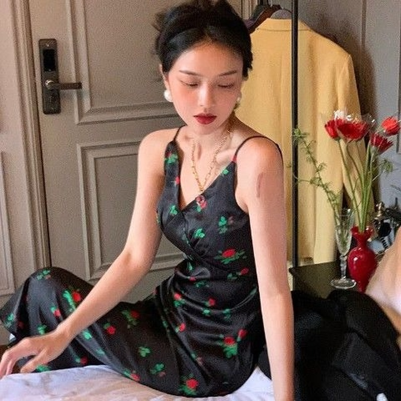 Đầm voan hai dây dáng dài in họa tiết hoa thanh lịch thời trang cho nữ