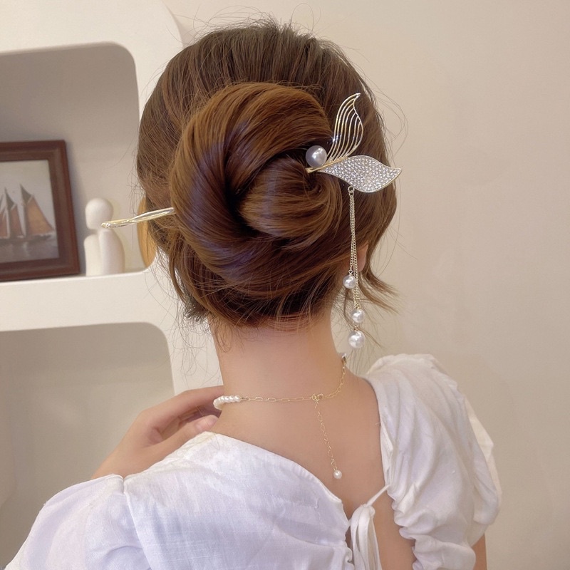 Trâm cài tóc đuôi cá đính đá lấp lánh tua rua hạt ngọc dùng để búi tóc phong cách cổ tích cổ xưa