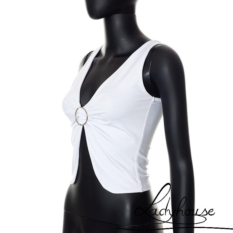 Áo Sát Nách Cổ Chữ V Hở Rốn Xếp Ly Màu Trơn Thời Trang Cho Nữ