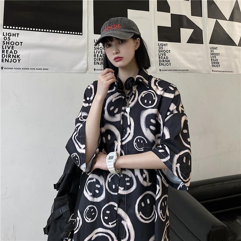 Áo Thun Tay Ngắn Dáng Rộng In Hình Mặt Cười Phong Cách Hip Hop Đường Phố Thời Trang Mùa Hè Cho Nam Và Nữ