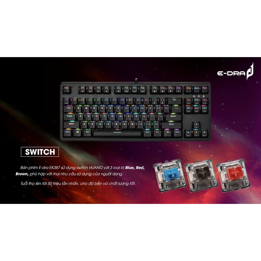 Bàn phím cơ EDRA EK387L RGB Huano Switch - Hàng chính hãng