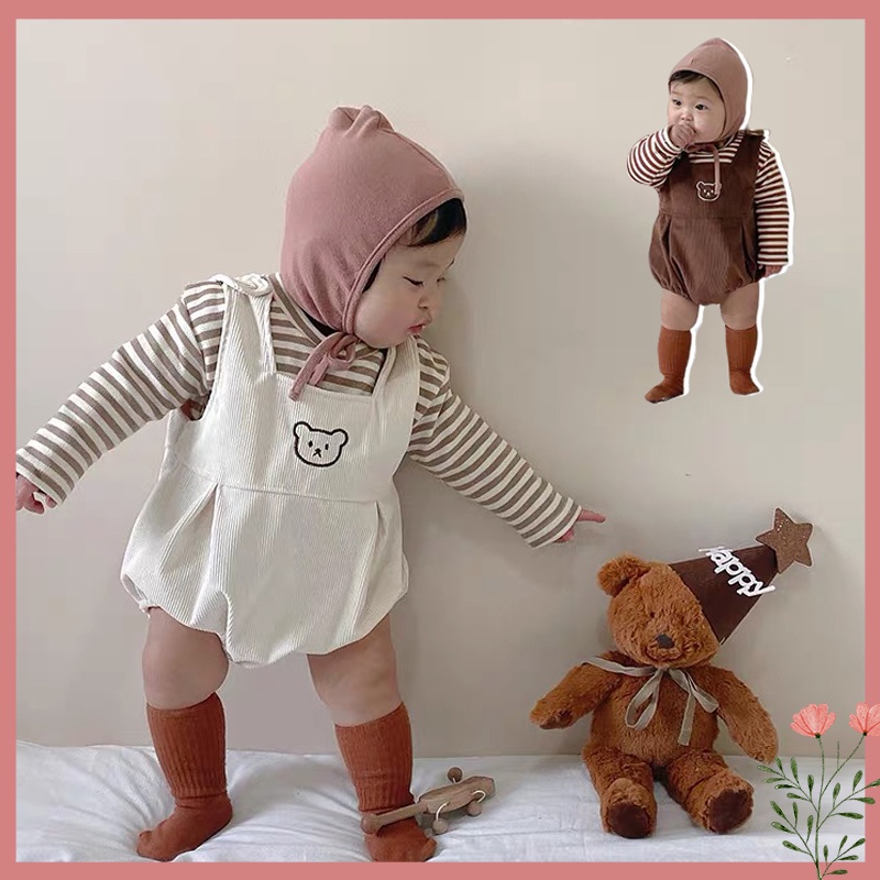Bộ Áo Liền Quần Tay Dài Thêu Hình Chú Gấu + Quần Kẻ Sọc Thời Trang Mùa Xuân Dành Cho Bé Trai/Bé Gái