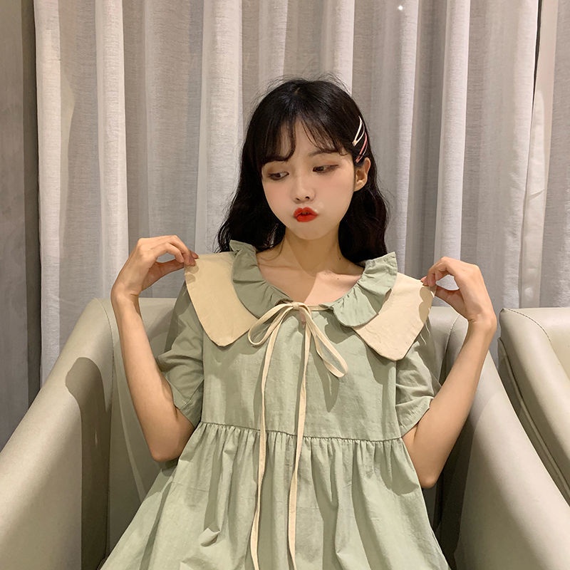 Đầm Chữ A Tay Ngắn Cổ Peter Pan Cột Dây Dáng Rộng Thiết Kế Mới Thời Trang Cho Sinh Viên