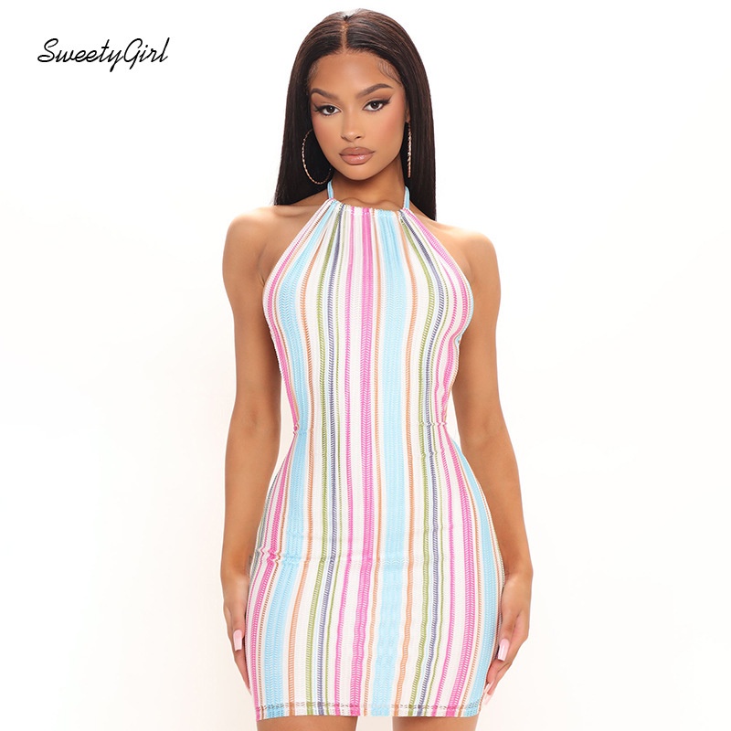 Đầm Mini Cổ Yếm Không Tay Họa Tiết Kẻ Sọc Màu Sắc Thời Trang Quyến Rũ Cho Nữ 2022