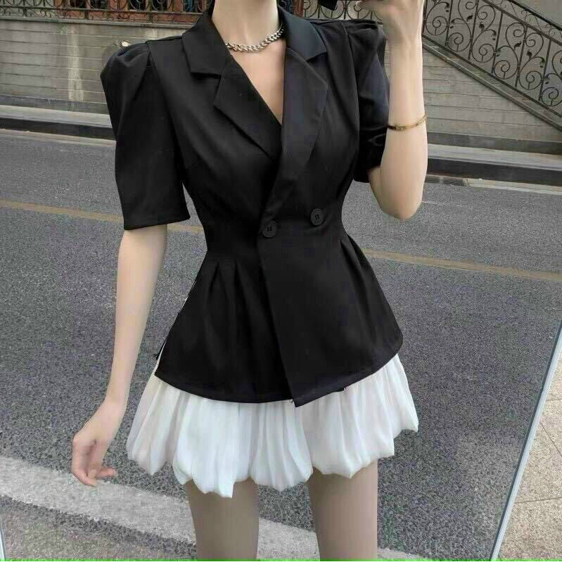Set Đồ Đẹp ⚡𝙎𝙄𝙀̂𝙐 𝙎𝘼𝙇𝙀⚡ Set Bộ Áo Cổ Vest Cài Nút Kèm Chân Váy Xòe Xếp Ly Siêu Hot - 90094