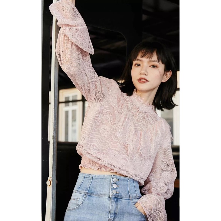Vero Moda Áo Voan Tay Bèo Nhún Ren Cổ Cao Cho Nữ 321151005