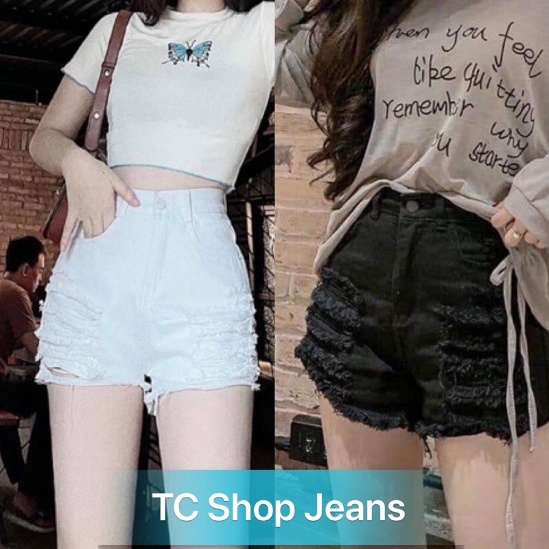 Quần Short Kaki co Giãn Mạnh Rách tầng táo bạo cực Xinh 2 màu Đen trắng Cao cấp