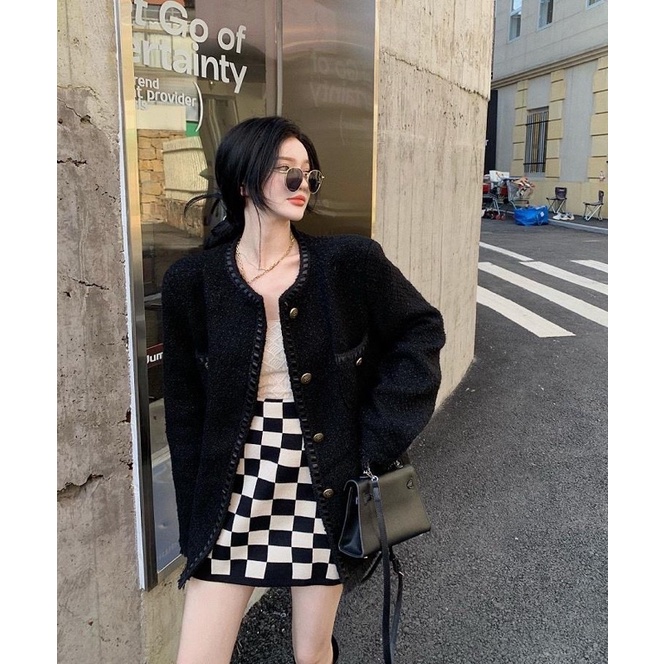 Áo Khoác Dạ Tweed Dáng Dài Trùm Mông 4 Túi (ảnh thật)