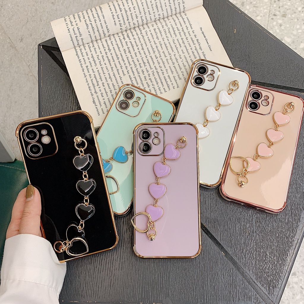 Ốp Điện Thoại Mềm Mạ Điện Hình Trái Tim Có Dây Đeo Cho Iphone 11 12 Pro Max 7 8 Plus X XR XS Max SE 2020 12 Mini