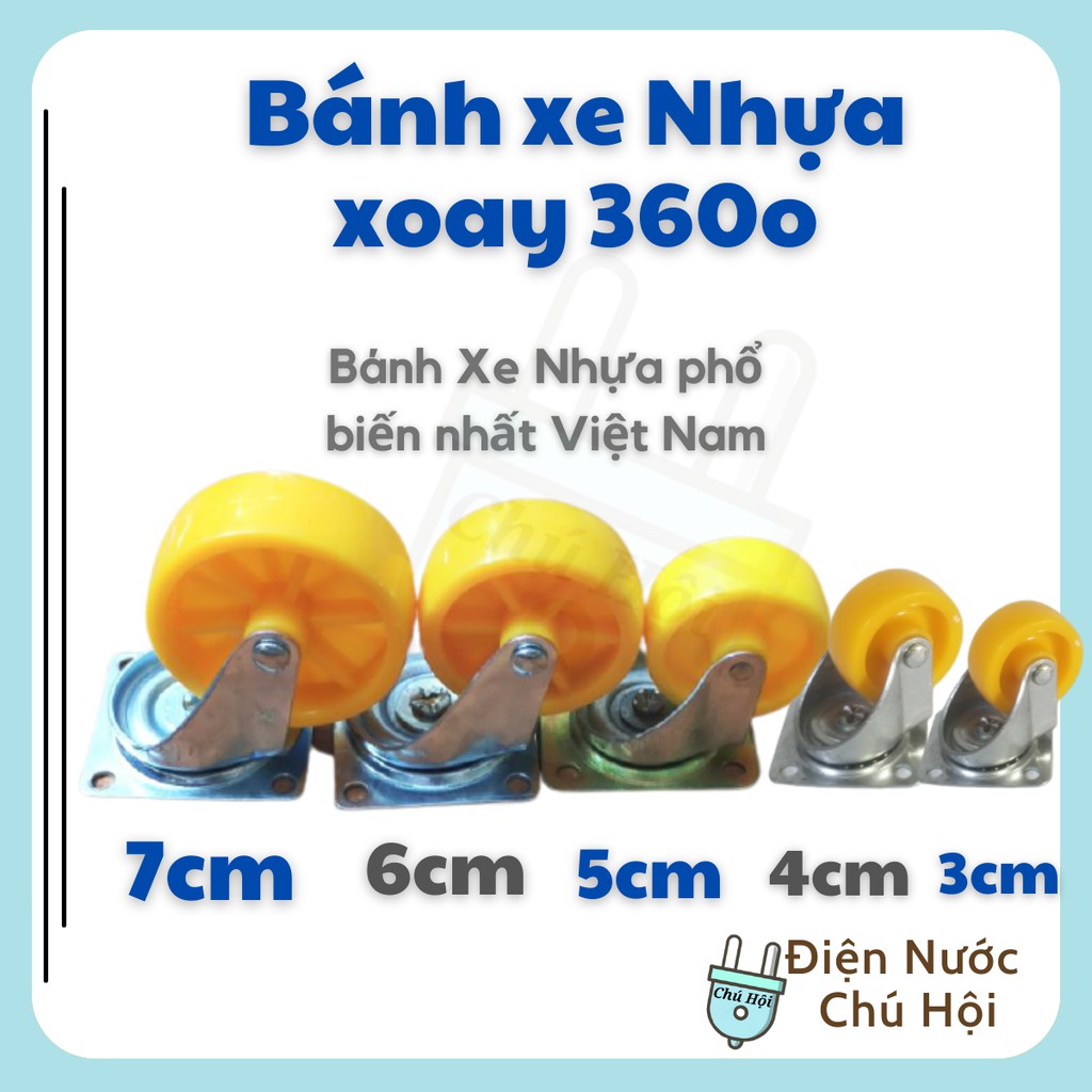 Bánh xe nhựa cứng vàng xoay 360° cỡ 3cm / 4cm / 5cm / 6cm / 7cm Điện Nước Chú Hội