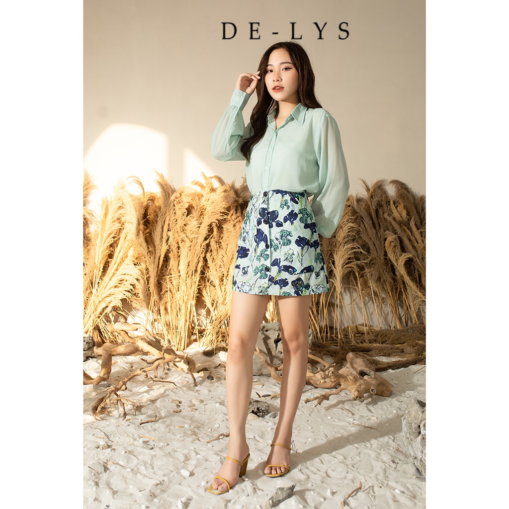 Áo sơ mi nữ cao cấp & chân váy công sở chữ a Delys thiết kế họa tiết hoa xanh