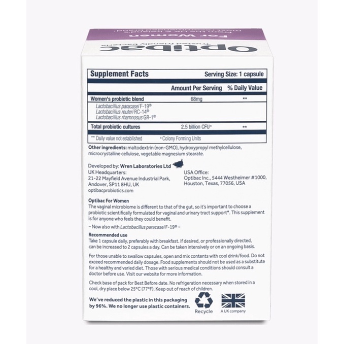 Men vi sinh Optibac probiotics for women tím 30 viên, 90 viên