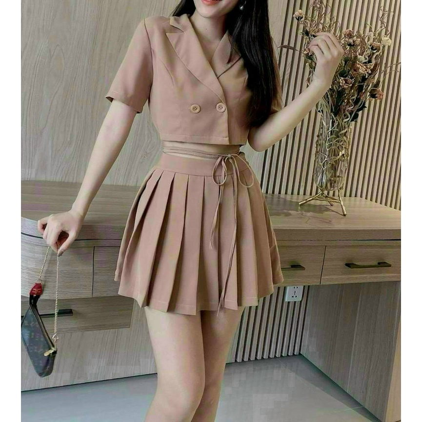 (Sale Freeship)Sét vest nữ áo croptop đan dây eo mix chân váy xếp li,sét hàn xinh xắn lên from đẹp hàng chuẩn shop