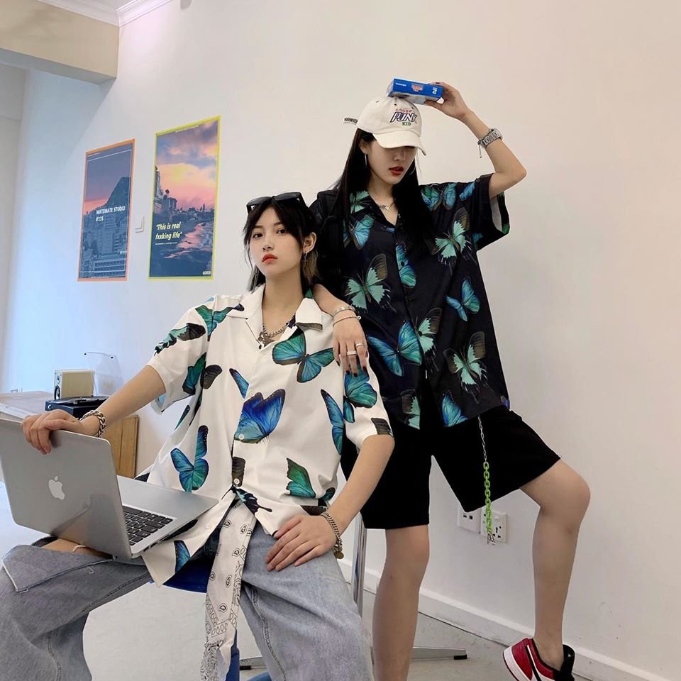 Áo sơ mi ulzzang họa tiết bướm to thời trang nam nữ hàn quôc/ Áo sơ mi tay lỡ cúc bấm phom unisex trẻ trung_kudoshop