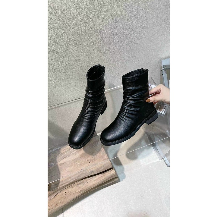 giày boot bệt nữ da nhún khóa sau 523-9
