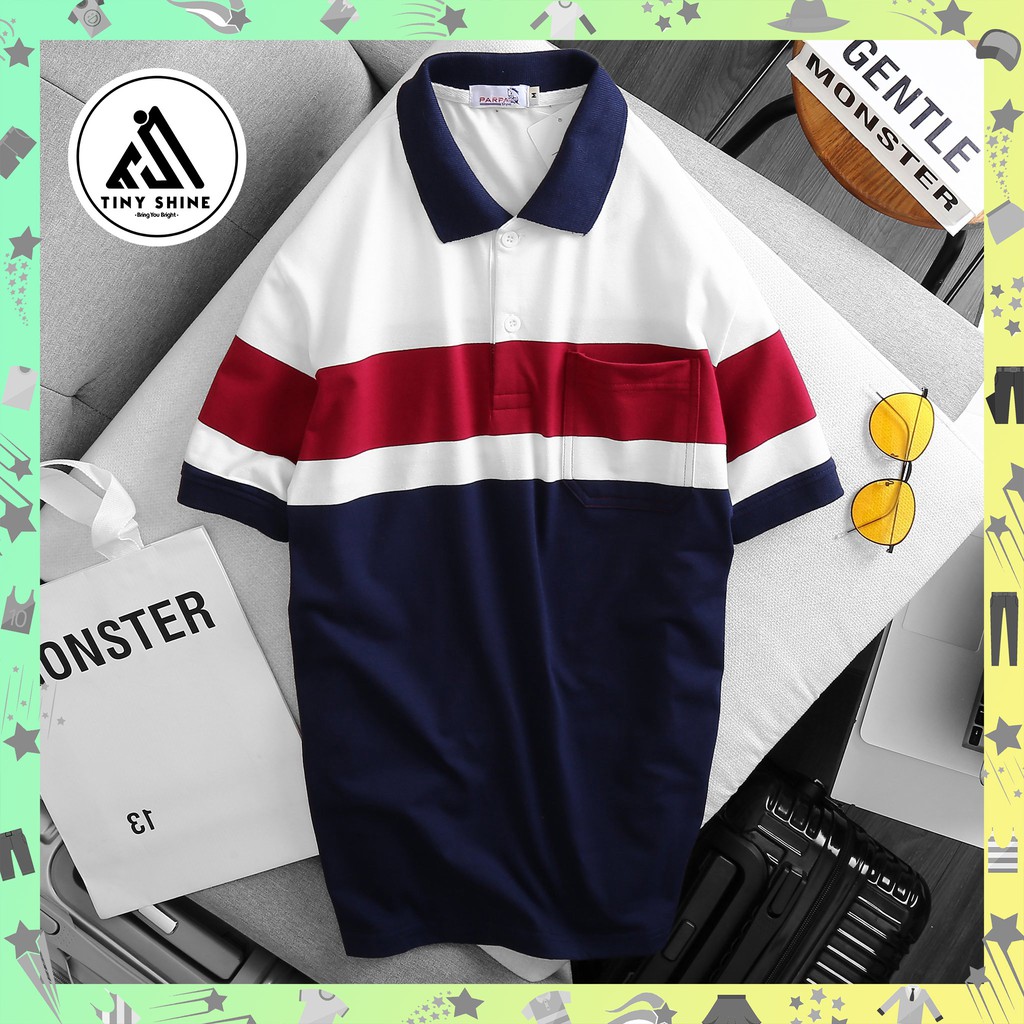 Áo Phông Ngắn Tay Nam Polo Chất Liệu Cotton Cao Cấp Đẳng Cấp Phái Mạnh Papa Có Túi Kẻ Sọc (TinyShine)